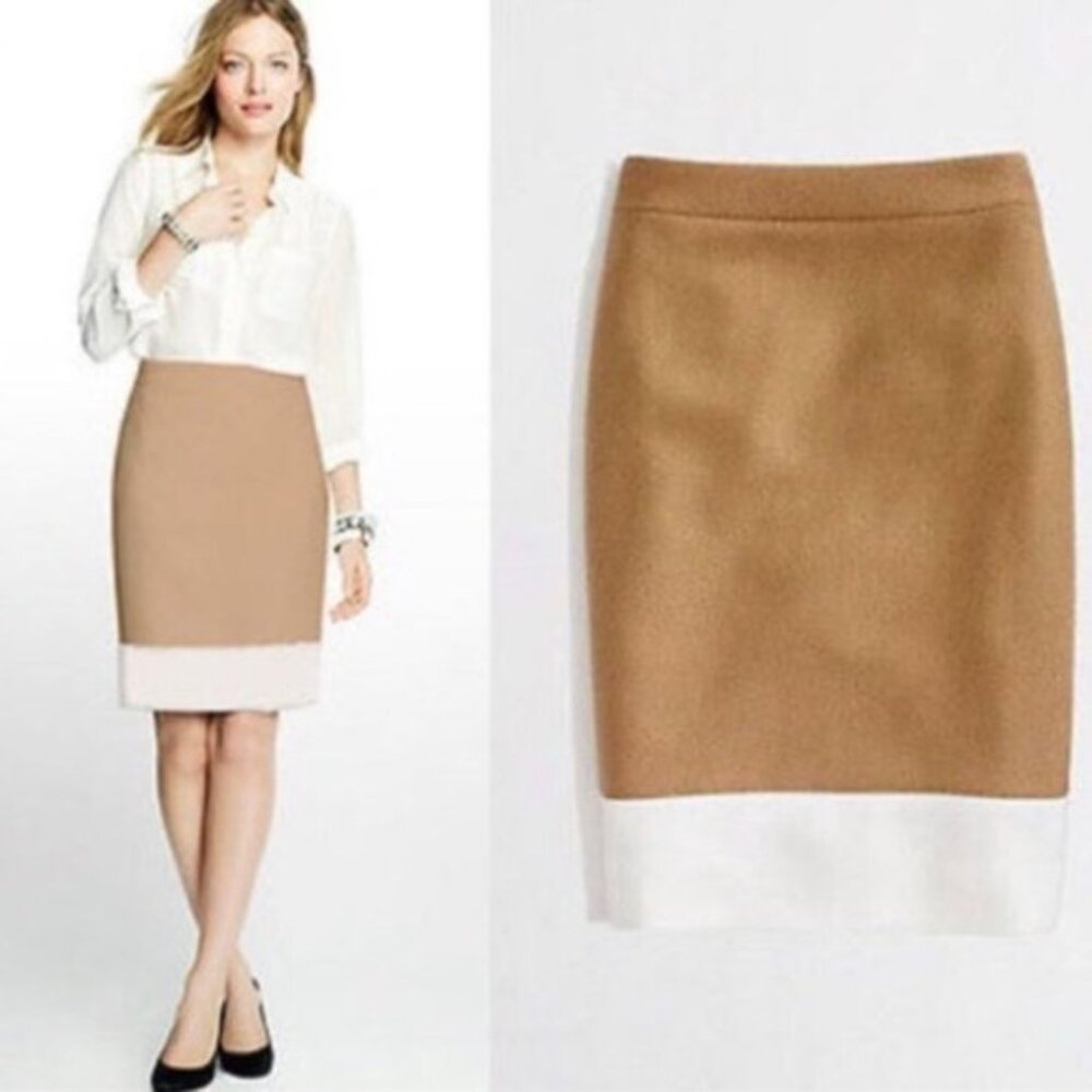 J. Crew Colorblock Camel/White Wool Blend Lined Back Vent Pencil Skirt Size 8
